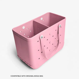 Pink tote bag with handle and divider on a white background