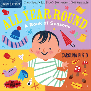 Book cover of 'All Year Round: A Book of Seasons' by Carolina Buzio with colorful illustrations and a child holding an umbrella.