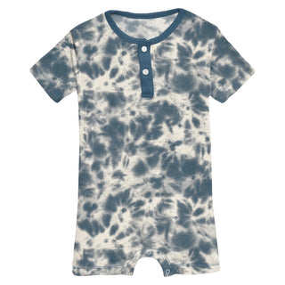 Bamboo Print Short Sleeve Henley Romper: Deep Sea Tie Dye