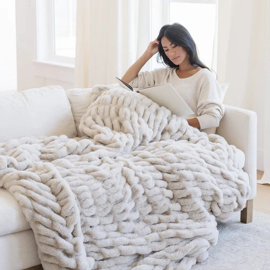 Double Ruched Faux Fur Throw Blanket Flax