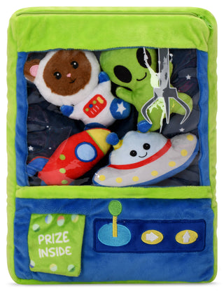Toy plush with space-themed plush toys and a prize inside on a white background