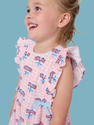 Girls Patriotic Gingham Pinafore Dress – Pink American Flag Bow Dress | Classic Cotton Toddler & Kids Dress for 4th of July, Memorial Day & Summer Outfits