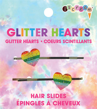 Glitter heart hair slides on a colorful tie-dye background with 'iscream' branding.