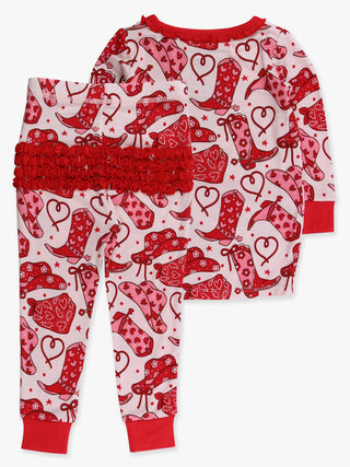 Toddler Girls SoftSnooze™ Bamboo Viscose Ruffle Long Sleeve Pajama Set with Signature Rear Ruffles in Lasso Love