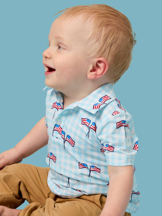 Boys Patriotic Performance Polo – Patriotic Gingham American Flag Shirt | Stretchy Short Sleeve Kids Polo for Summer, 4th of July & Family Matching Outfits