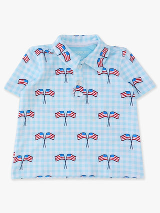 Boys Patriotic Performance Polo – Patriotic Gingham American Flag Shirt | Stretchy Short Sleeve Kids Polo for Summer, 4th of July & Family Matching Outfits