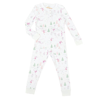 Children's pajama set with a Christmas tree and reindeer pattern on a white background