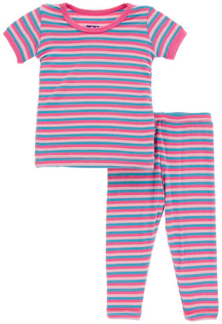 Print Short Sleeve Pajama Set Flamingo Anniversary Stripe