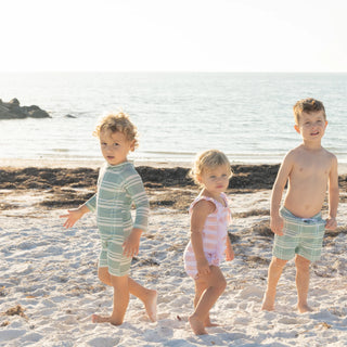 Blue Plaid Boys One Piece Rash Guard Swimsuit