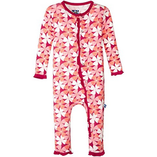 Bamboo Print Muffin Ruffle Coverall with Snaps: Apple Blossom