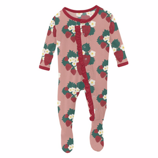 Print Classic Ruffle Footie with Snaps: Blush Strawberry Farm