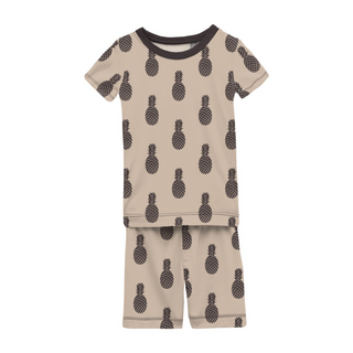 Bamboo Print Short Sleeve Pajama Set with Shorts: Burlap Pineapples