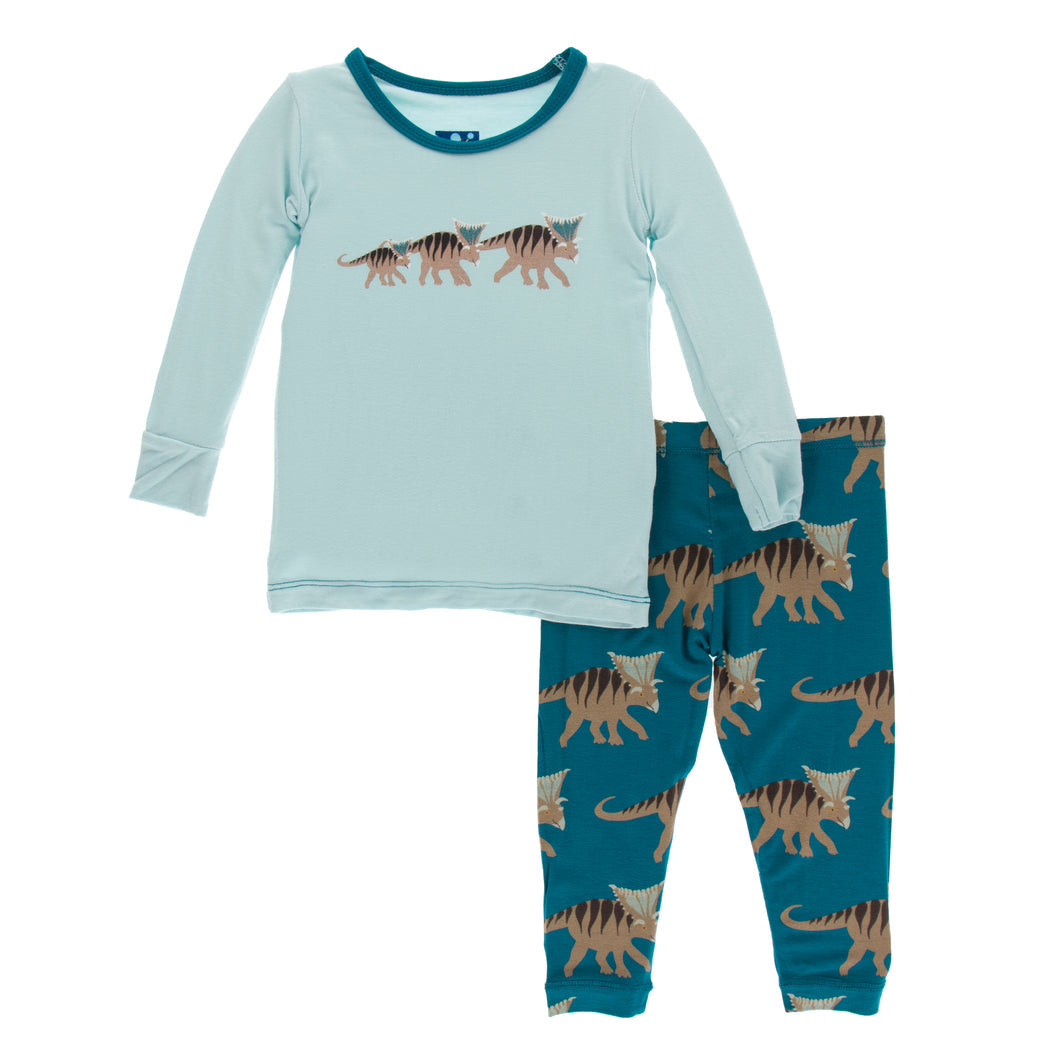 Kickee Pants Print Long Sleeve Pajama Set: Heritage Blue Kosmoceratops