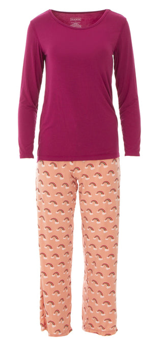 Bamboo Women's Print Long Sleeve Loosey Goosey Tee & Pajama Pants Set: Blush Rainbows