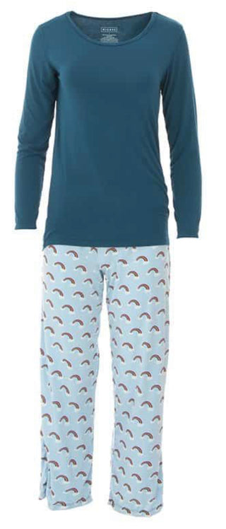 Bamboo Women's Print Long Sleeve Loosey Goosey Tee & Pajama Pants Set: Pond Rainbow