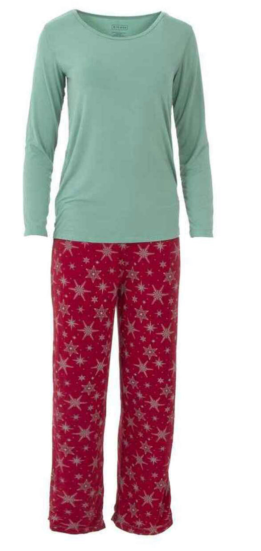 Kickee Pants Women's Print Long Sleeve Loosey Goosey Tee & Pajama Pants Set: Crimson Snowflakes