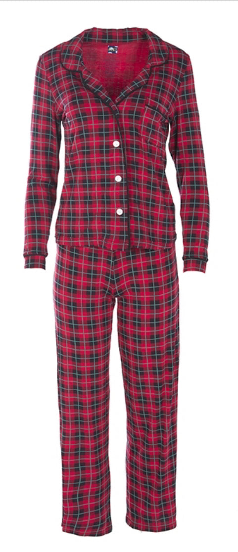 Kickee Pants Women's Print Long Sleeve Collared Pajama Set: Christmas Plaid