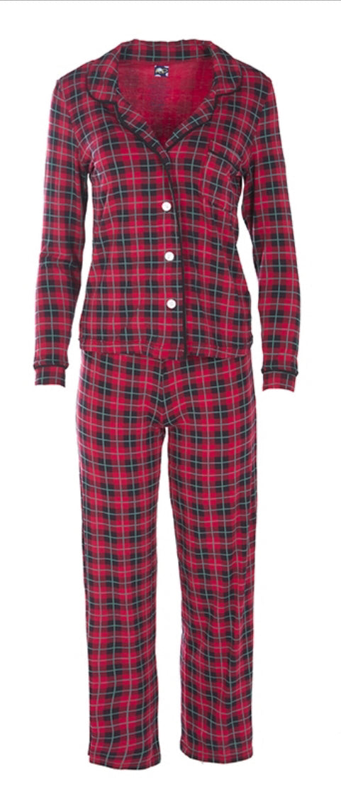 Bamboo Women's Print Long Sleeve Collared Pajama Set: Christmas Plaid