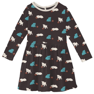 Bamboo Print Long Sleeve Twirl Dress: Midnight Puppy