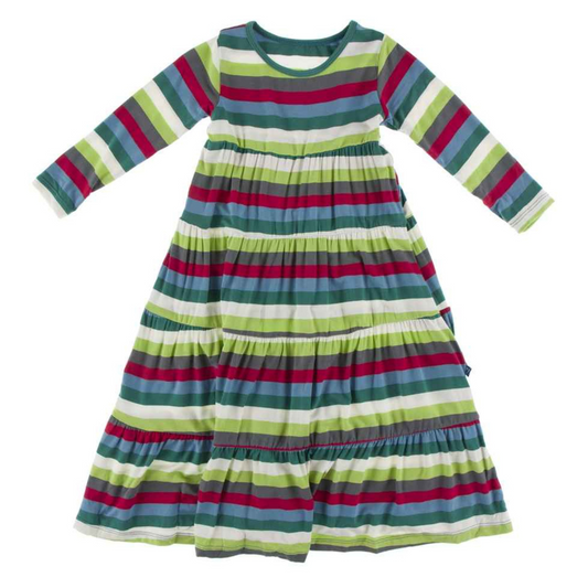 Kickee Pants Print Long Sleeve Tiered Dress: Multi Stripe
