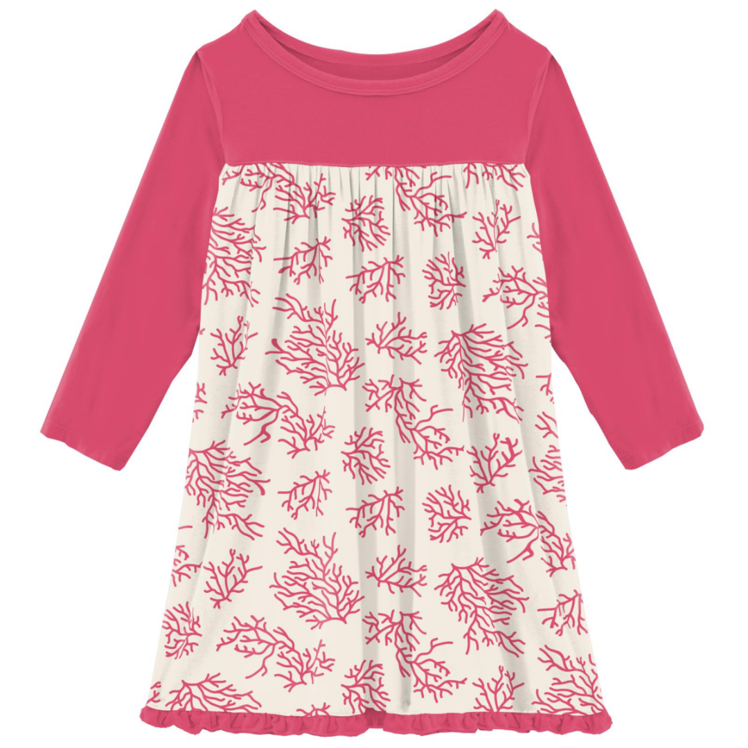Kickee Pants Print Classic Long Sleeve Swing Dress: Natural Coral