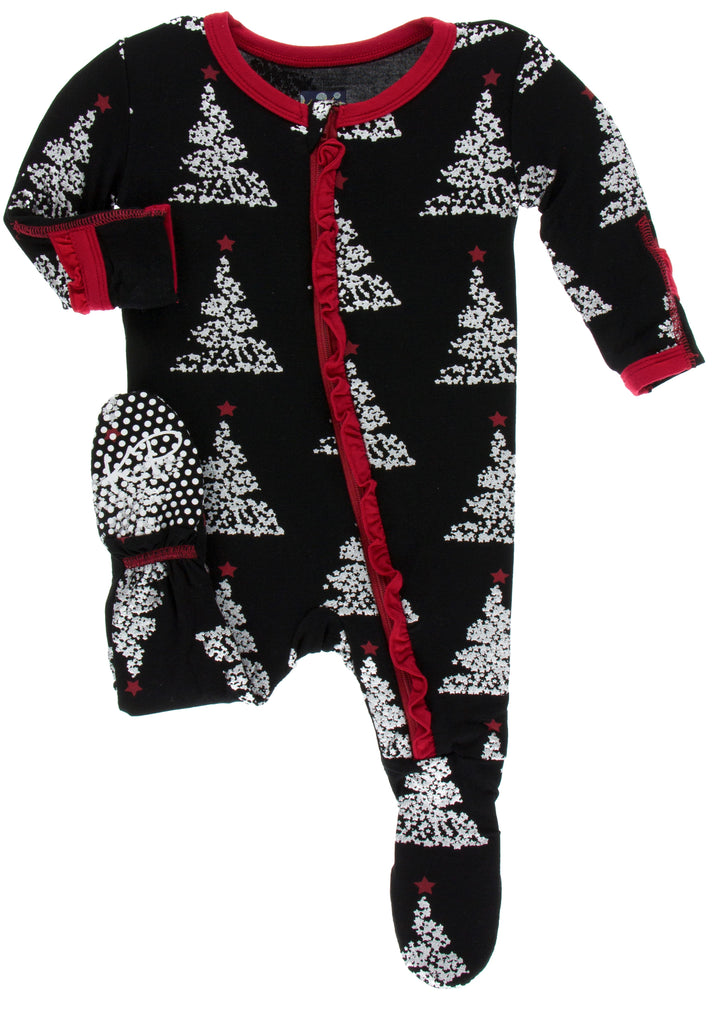 Kickee Pants Print Muffin Ruffle Footie with Zipper: Midnight Foil Trees