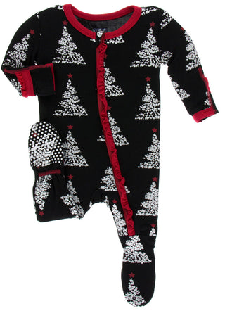 Bamboo Print Muffin Ruffle Footie with Zipper: Midnight Foil Trees