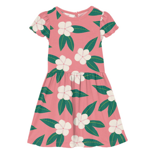 Bamboo Print Flutter Sleeve Twirl Dress: Strawberry Plumeria