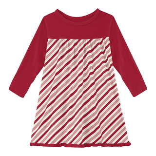 Print Classic Long Sleeve Swing Dress: Crimson Candy Cane Stripe