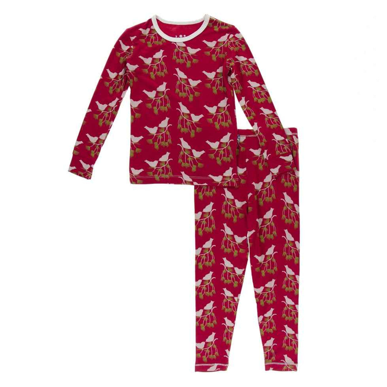 Kickee Pants Print Long Sleeve Pajama Set: Crimson Kissing Birds