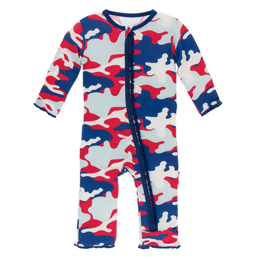 Kickee Pants Print Muffin Ruffle Coverall with Zipper: Flag Red Military