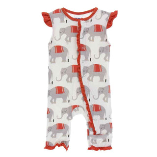 Bamboo Print Ruffle Tank Romper: Indian Natural Elephant