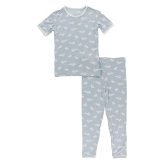 Bamboo Print Short Sleeve Pajama Set: Pearl Blue Bunny